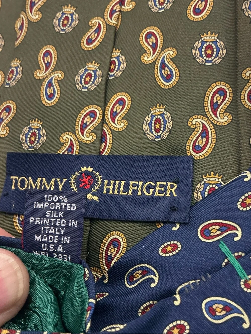 Tommy Hilfiger Olive Green Paisley Silk Tie with Maroon and Gold Accents